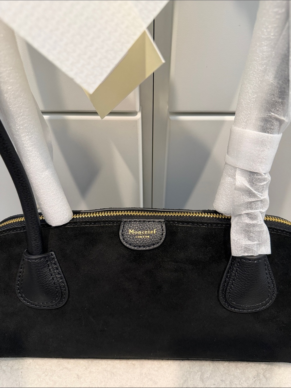 Black Suede Dome Shoulder Bag with Gold Hardware - Picture 2 of 6